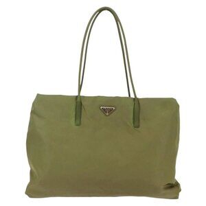 PRADA Tote Bag Nylon Khaki Silver Auth
